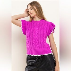 New ShopEvelynne Hot Pink Cable Knit Short Sleeve Sweater with White Trim